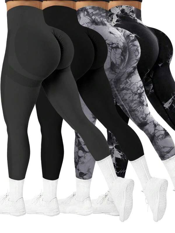 Easithlete 4 piezas Leggings sin costuras de cintura alta con pliegues para mujer, pantalones elásticos para uso diario, pantalones de yoga