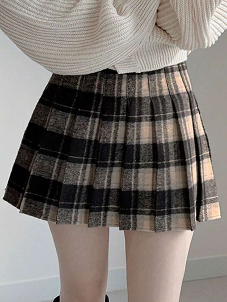 Minifalda plisada de línea A a cuadros para mujer, color negro, para todas las temporadas, Navidad, Año Nuevo