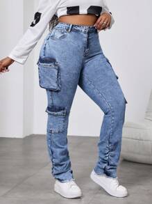 SHEIN EZwear Plus Size Blue Denim Pants, Elastic Tight Casual Jeans Christmas Leggings Denim Jeans Y2k Jeans Women Tights Cargo Pants Skinny Stretch Pants Black Jeans Stacked Women Jeans Tall Women Pants Denim Jeans Jeans Pants Jeans - Blue - View 4