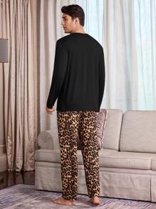 Manfinity Leopard Print Long Sleeve & Long Pants Men Sleepwear Set - Multicolor - View 2