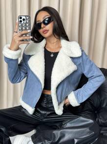 SHEIN EZwear Teddy Lined Open Front Suedette Moto Black Jacket - Blue - View 1