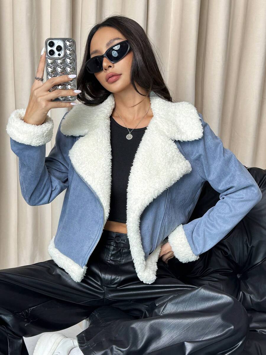 SHEIN EZwear Teddy Lined Open Front Suedette Moto Black Jacket - Blue - View 1