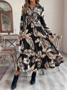 SHEIN VCAY 女式度假花卉印花领长裙 - 黑色 - 查看 1