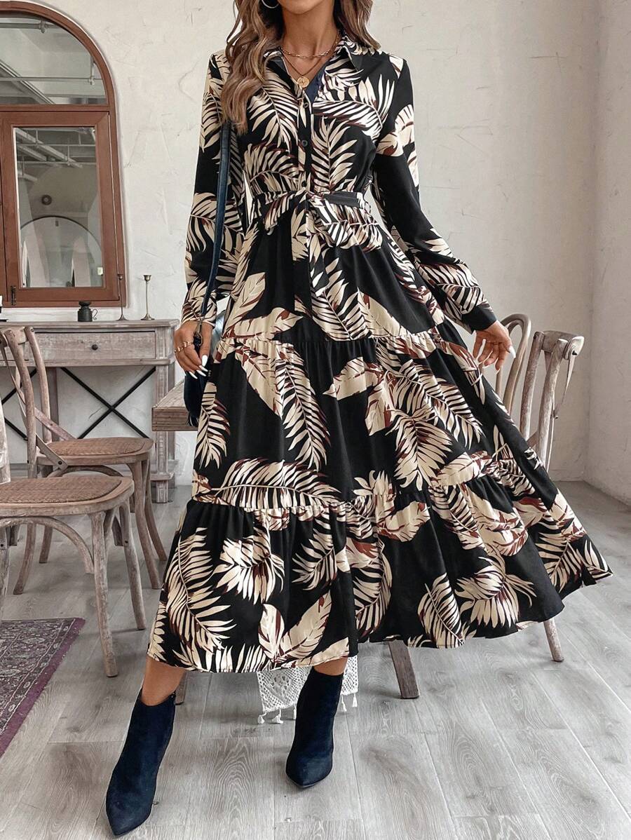 SHEIN VCAY 女式度假花卉印花领长裙 - 黑色 - 查看 1