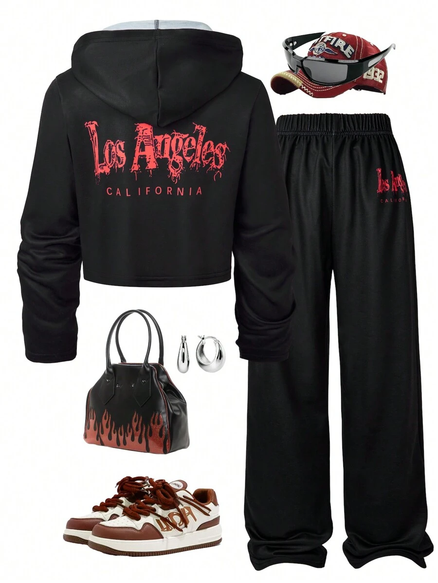 Girls Casual Hoodie & Pants Set, Chic Graffiti Print, Zipper Design - Black - View 1