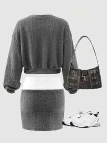 SHEIN 少女时尚街头服饰休闲上衣和裙子运动套装，秋冬街头风格 - 深灰色 - 查看 2