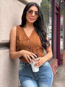 SHEIN LUNE 女式夏季休闲复古深卡其色前扣无袖衬衫 - 摩卡棕 - 查看 6