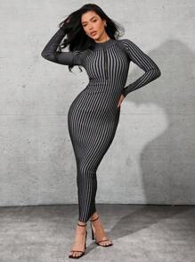 Denimoi Contrast Rib Knit Mock Neck Bodycon Midi Dress - Multicolor - View 3