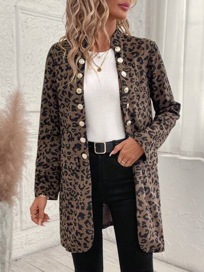EMERY ROSE Women's Casual Corduroy Leopard Print Regular Jacket, Autumn Winter Jacket Women's Long Coat