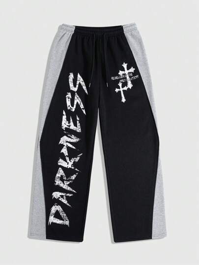 Street Life Men's Casual Front Tie Solid Color Patchwork Letter Print Sweatpants