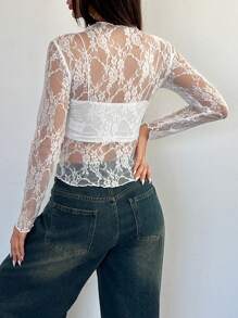 EgrlEra Petite Áo ren hoa nữ viền bèo nhún gợi cảm, cổ tròn tay dài (cắt ngẫu nhiên) - trắng - Xem 2