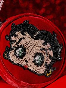 Betty Boop x SHEIN 1 件卡通人物拼布亮片圆形零钱包，礼物，爱人，送礼佳品，派对，节日，情人节 - 酒紅色 - 查看 5