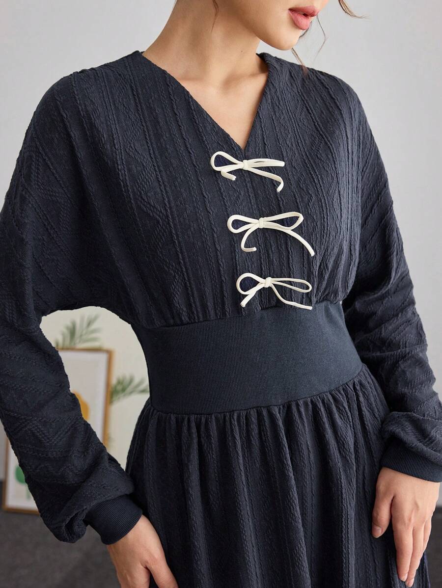 Modelyn Textured Bowknot Waist Women Sweatshirt Pullover Fall Outfit - Blue - View 1