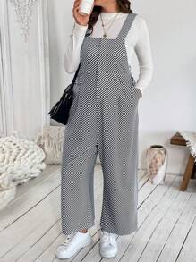 SHEIN VCAY Bộ đồ liền thân sọc xám trắng cỡ lớn, thường ngày có túi, thắt eo có khóa kéo phía trước - Nhiều màu - Xem 3