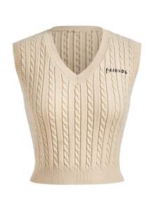 FRIENDS X SHEIN Women Casual Letter Embroidery Rib Knit Sweater Vest, Autumn/Winter - Apricot - View 5