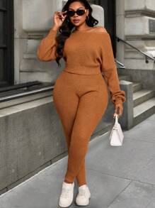 Slaydiva 2pcs Plus Size Casual & Minimalist Loose Knit Sweater Set, Brown, Suitable For Autumn/Winter - Brown - View 1