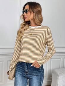 SHEIN LUNE 女士休闲基本款撞色领条纹 T 恤 - 彩色 - 查看 3