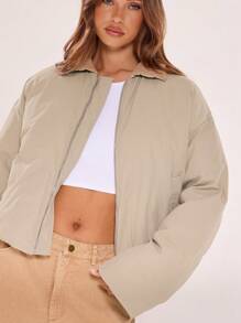 MUSERA Faux Fur Collar Padded Coat - Khaki - View 5