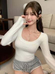 DAZY 女士经典圆领纯色针织套头衫，秋季服装 - 白色 - 查看 8
