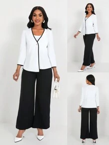 SHEIN Clasi 2pcs/Set Casual Commuter Color Block Trim Top And Pants Suit, Autumn - Black and White - View 4