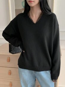 DAZY Solid Color Patchwork Long Sleeve Loose Women Sweater,Fall Clothes - Black - View 7