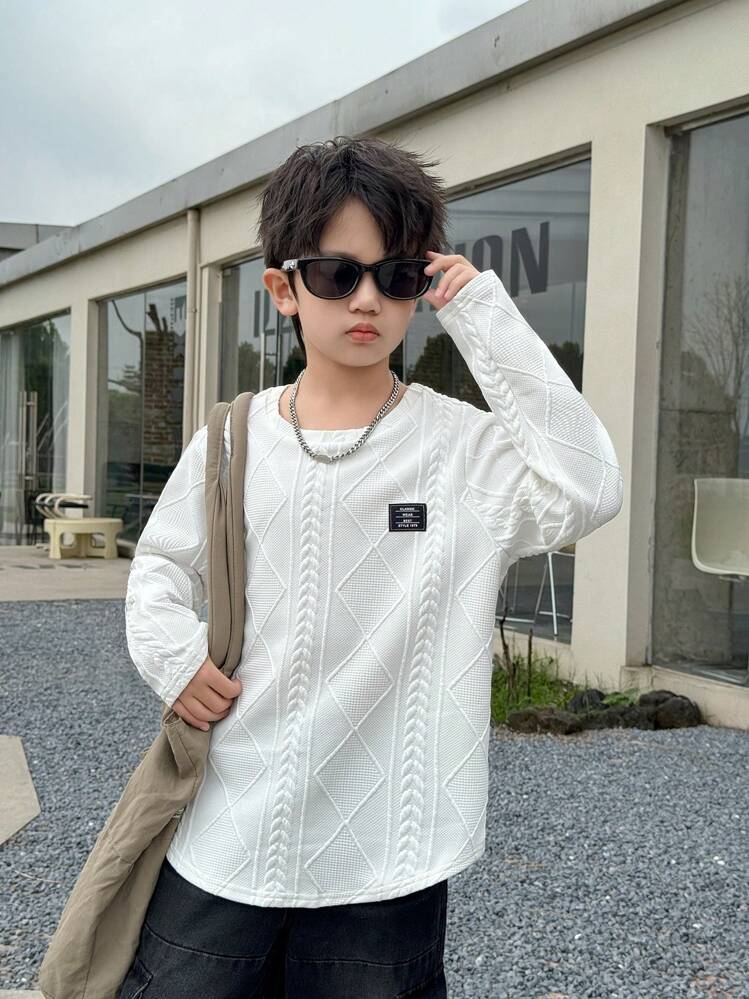 SHEIN شباب/مراهقين أولاد قمصان كرو نيك كاجوال بأكمام طويلة مطبوعة بأحرف وطبعات لطيفة بأسلوب كوري، متاحة بألوان الأبيض والأسود للاستخدام الشتوي - أبيض - مشاهدة 1