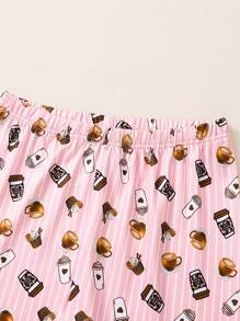 Conjunto de pijama de 2 piezas con estampado de bebidas para adolescentes y niñas, con top de manga larga y pantalones largos, cómodo y de moda