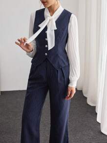Modelyn 2 件套女士条纹背心和直筒裤优雅别致服装 2 件套 - 藏蓝色 - 查看 4