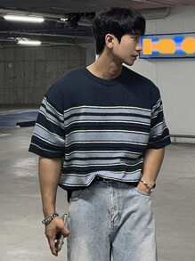 DAZY Men's Casual Loose Drop Shoulder Striped Pattern Knit Pullover - Blue - View 5