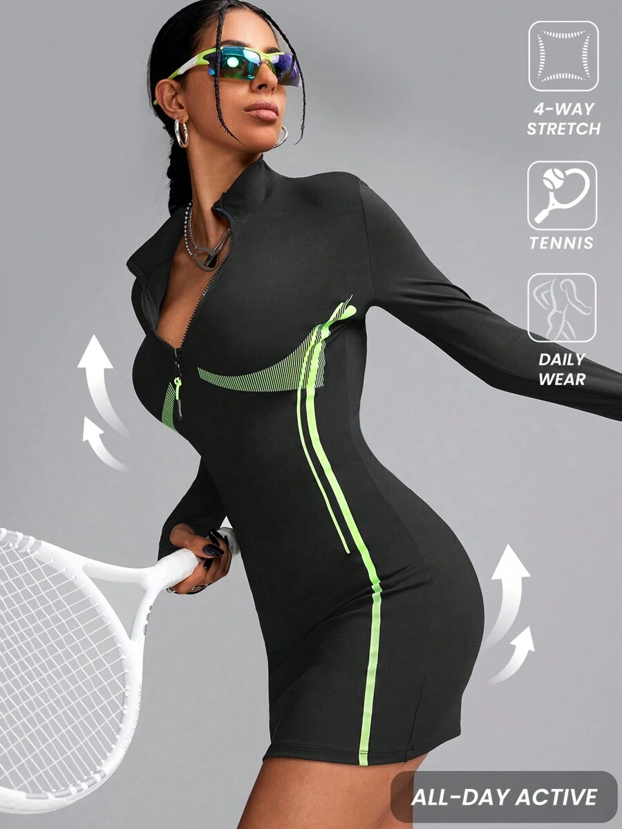 Innovista Váy thể thao ngắn tay dài bó sát có khóa kéo nửa thân dành cho nữ, váy tennis - màu đen - Xem 1