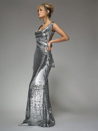 MISSGUIDED Y2K Futuristic Sequin Cowl Neck Bow Detail Backless Flare Hem Maxi Dress For Party,XL