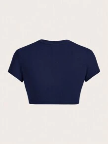 SHEIN ICON Kaos Wanita Kasual Lengan Pendek Leher Bulat Warna Biru Tua, Pas Badan, Cocok untuk Musim Panas dan untuk Bepergian. - Navy Blue - View 2