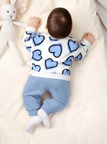 SHEIN Newborn Baby Girls Heart Print Sweatshirt With Elastic Waist Solid Color Pants Set, Autumn/Winter - Blue and White - View 2