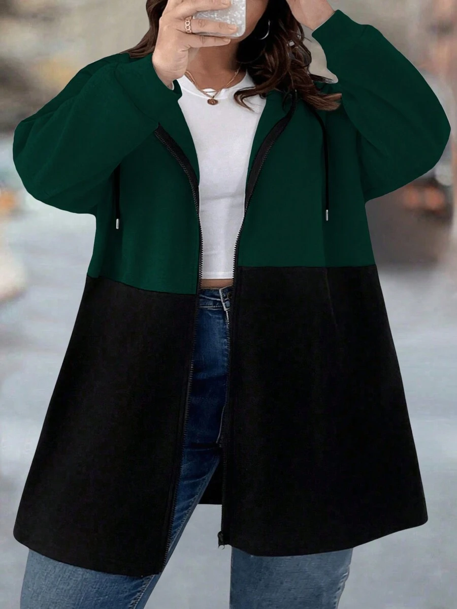 SHEIN CURVE+ Plus Size Solid Color Contrast Zipper Front Casual Hooded Coat