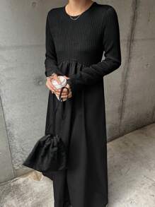 FRIFUL 1pc Women Solid Color Round Neck Long Sleeve Ruched Minimalist Casual Long Dress,Fall Dress - Black - View 4