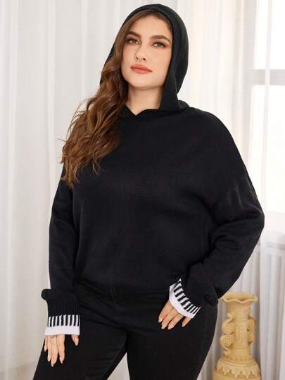 Mulvari Suéter de punto con capucha de manga larga, estilo casual con bloques de color, talla grande, para otoño e invierno