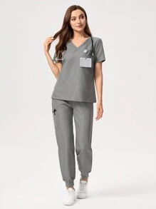 Scrubzie Bộ đồng phục chức năng áo và quần ngắn tay cổ chữ V màu trơn cho nữ - Xám - Xem 4