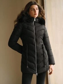 Anewsta Women's Mid-Length Minimalist Style Hooded Jacket - Black - View 7