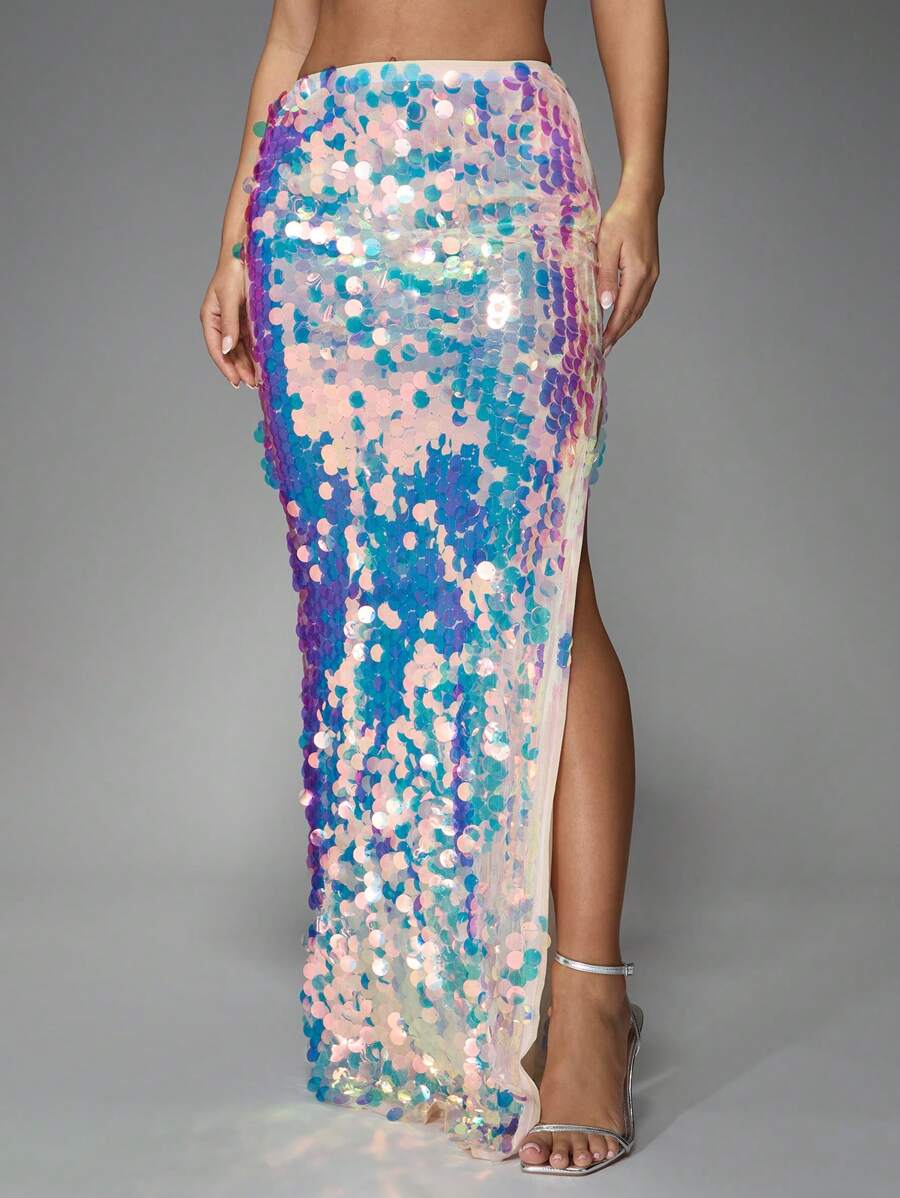 MISSGUIDED Festival Sequin Maxi Skirt Long Side Split Iridescent High Waist Evening Party Mermaid Style Bottom Holiday Club Performance Glamorous - Blue - View 1
