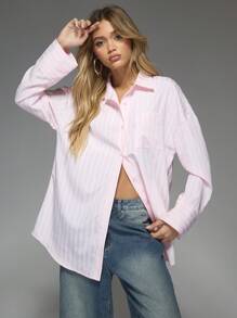 MISSGUIDED Áo sơ mi dài kẻ sọc cỡ lớn may đo - Hồng - Xem 1