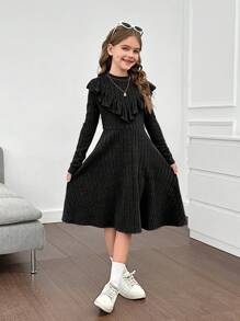 SHEIN Tween Girls Knit Ribbed Stand Collar Ruffle Hem Fitted Casual Long Sleeve Dress - Black - View 8