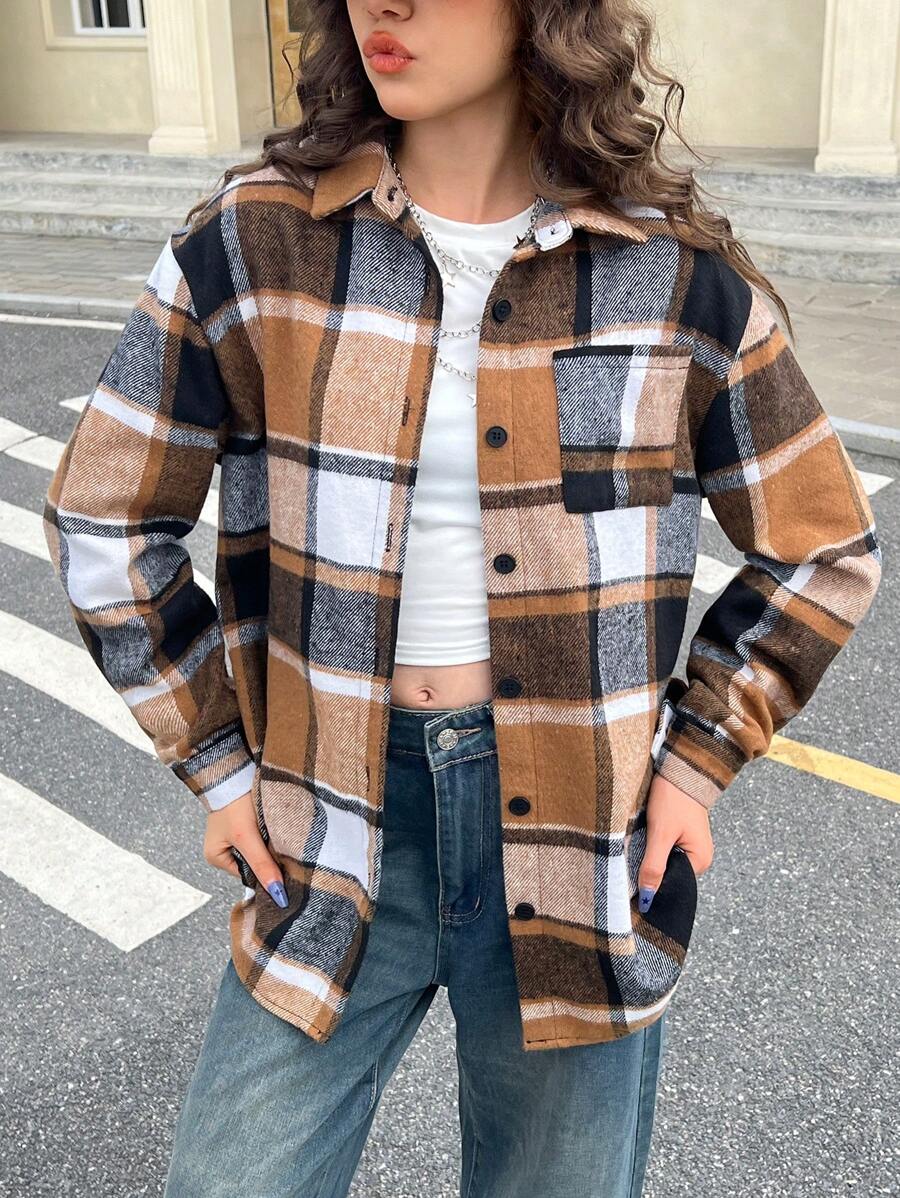 SHEIN Leap Crew Teen Girl Plaid Print Drop Shoulder Pocket Patched Shirt,Back To School,Street,Fall/Winter - Brown - View 1