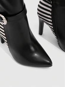 CUCCOO SZL 1 双女士时尚黑色条纹拼接尖头高跟侧拉链过膝靴，适合秋冬情人节 - 黑色 - 查看 6