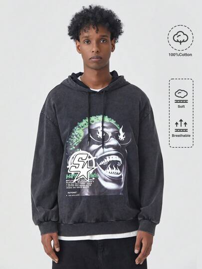 Street Life Men's Hip Hop Portrait & Letter Print Hoodie Sweatshirt