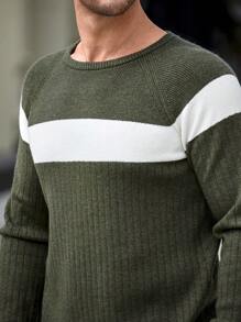 Manfinity Mode Men Crew Neck Long Sleeve Solid Color Splice Casual Pullover Sweater