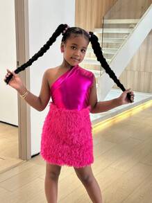 Tween Girl Party Holiday Solid Fuchsia Patchwork Asymmetric Neck Glitter Metallic Feather Hem Party Mini Dress Mommy And Me Matching Outfits (2 Pieces Sold Separately) - Hot Pink - View 6