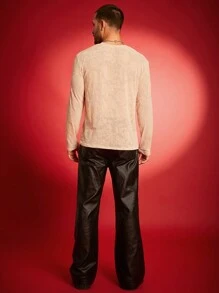 FeverCity Áo thun nam dài tay thường ngày dệt kim Jacquard màu trơn, mùa thu - Màu be - Xem 2