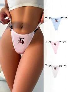 3pcs Fashionable Cute Y2K Cherry Print Bowknot Design Women Thong Panties