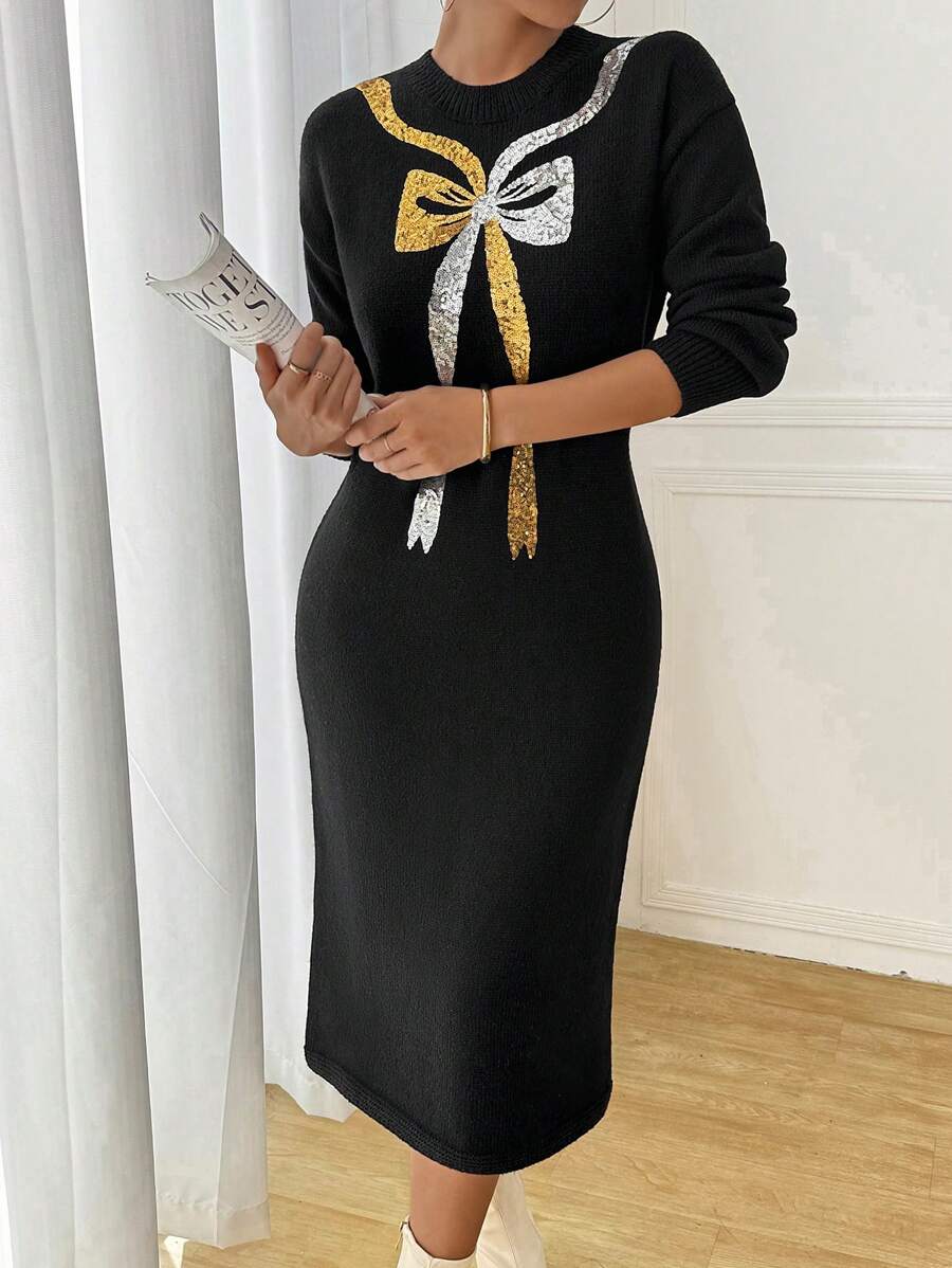 Chiquease Damen Rundhals Langarm Kleid mit Schleifen Dekor, minimalistischer Lässig Strick Pullover - Schwarz - Übersicht 1