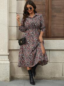 SHEIN LUNE Plus Size Black Autumn Boho Everyday Long Sleeve Shirt Dress,Cinched Waist Flattering Fit Dresses For Women,Thanksgiving New Years Rave Outfit Winter - Multicolor - View 5